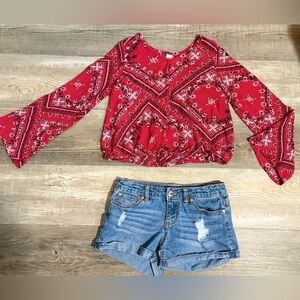 Justice Girls Size 10 Red Bandana Print Boho Tie Front Crop Top Bell Sleeve